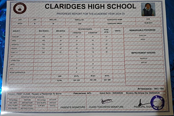 Report card of Aaradhya Tiwari 2025 Report card of Aaradhya Tiwari 2025