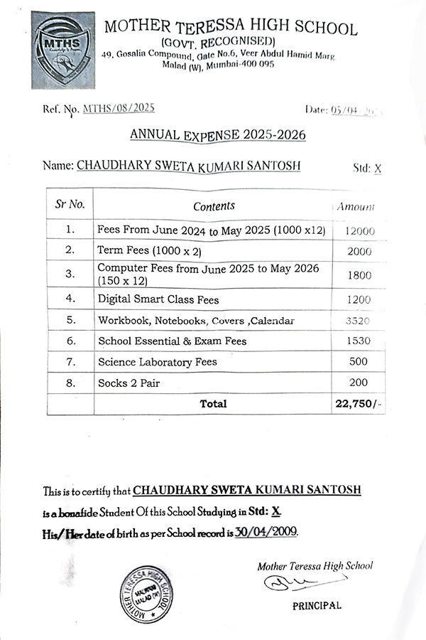 Sweta kumari Fee 2025