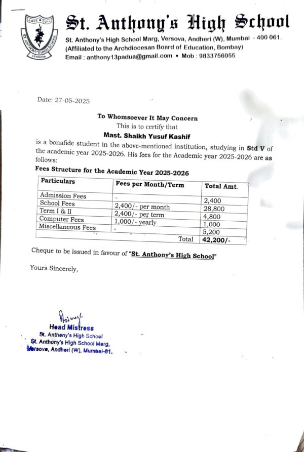 Yusuf Shaikh fee structure-2025 Yusuf Shaikh fee structure-2025