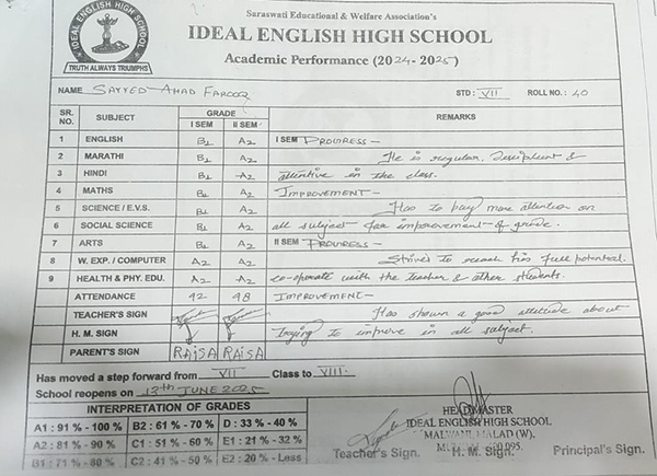 ahad sayyed report card 2025 ahad sayyed report card 2025